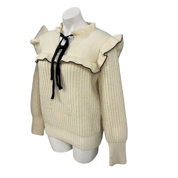 Sweater Womens Large Cable Knit Ruffle Preppy Cottage Peasant Feminine Cozy - Picture 2 of 15